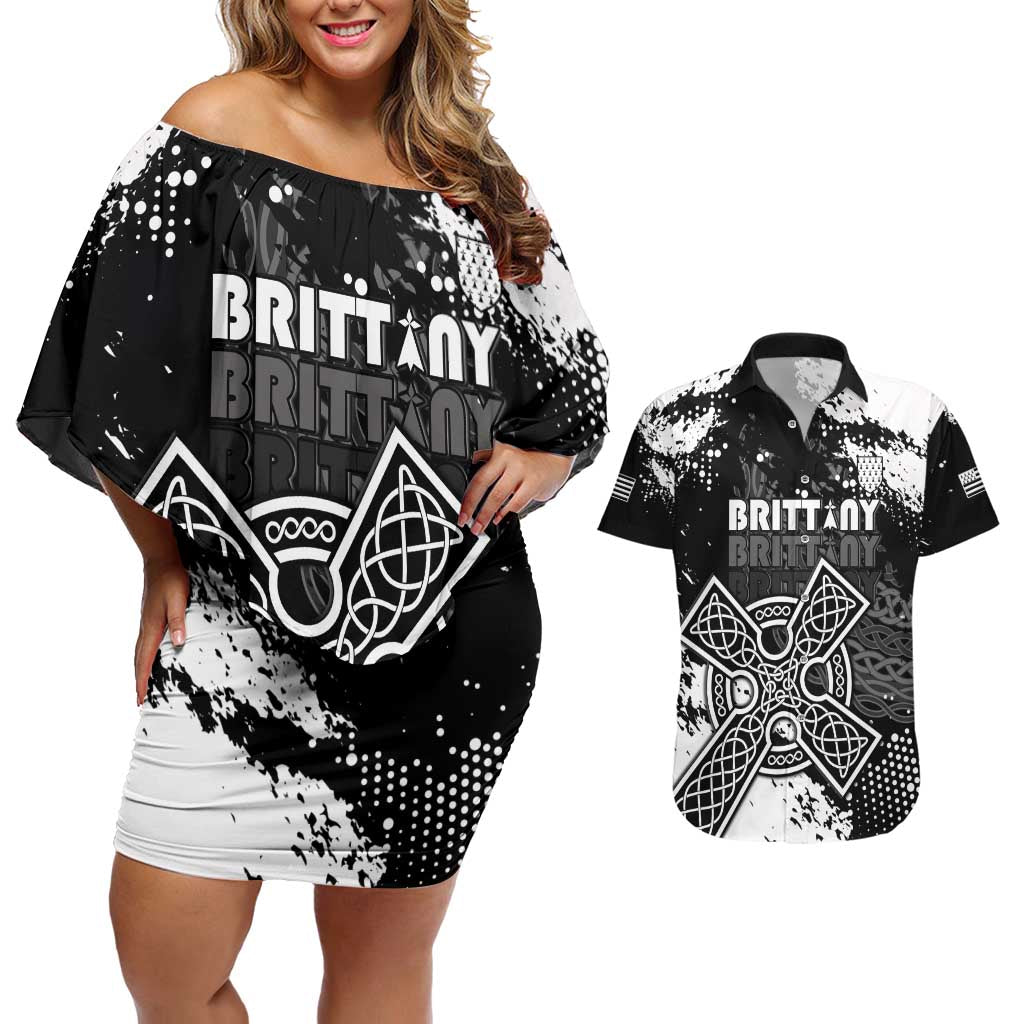 Personalized Brittany Celtic Cross Couples Matching Off Shoulder Short Dress and Hawaiian Shirt With Celtic Knotwork - Wonder Print Shop