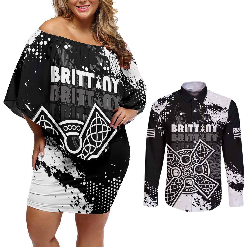 Personalized Brittany Celtic Cross Couples Matching Off Shoulder Short Dress and Long Sleeve Button Shirt With Celtic Knotwork - Wonder Print Shop