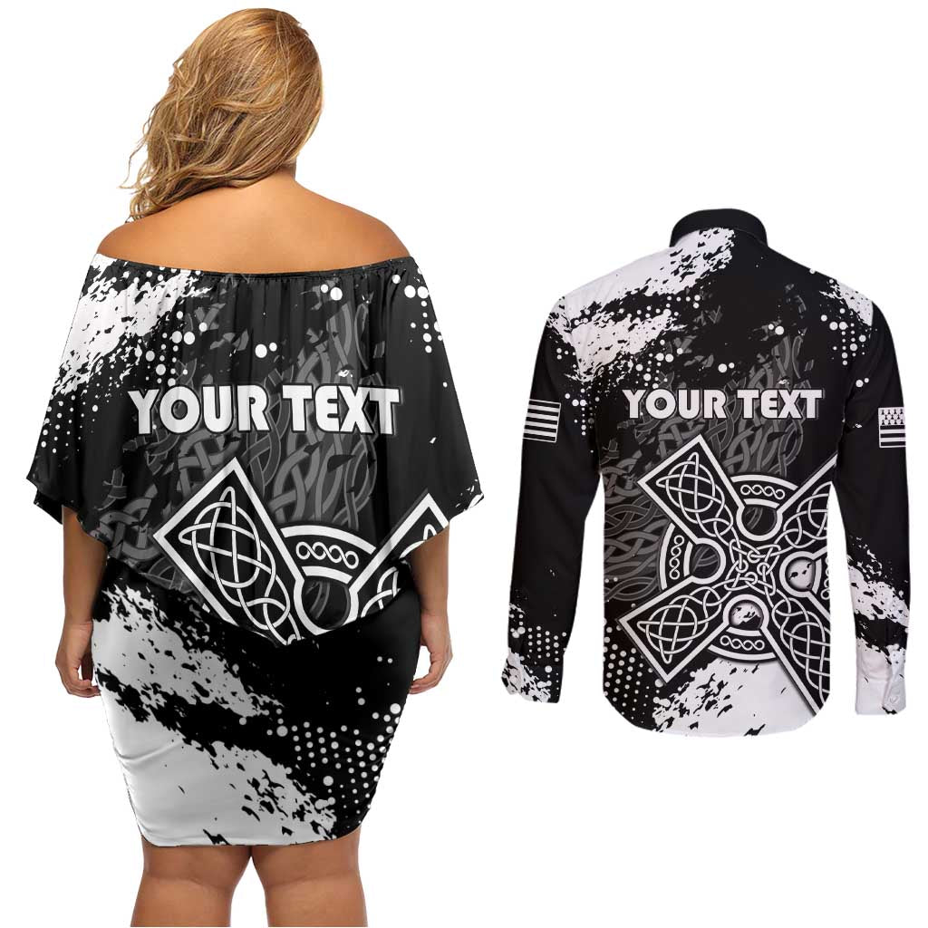 Personalized Brittany Celtic Cross Couples Matching Off Shoulder Short Dress and Long Sleeve Button Shirt With Celtic Knotwork - Wonder Print Shop