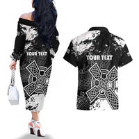 Personalized Brittany Celtic Cross Couples Matching Off The Shoulder Long Sleeve Dress and Hawaiian Shirt With Celtic Knotwork - Wonder Print Shop
