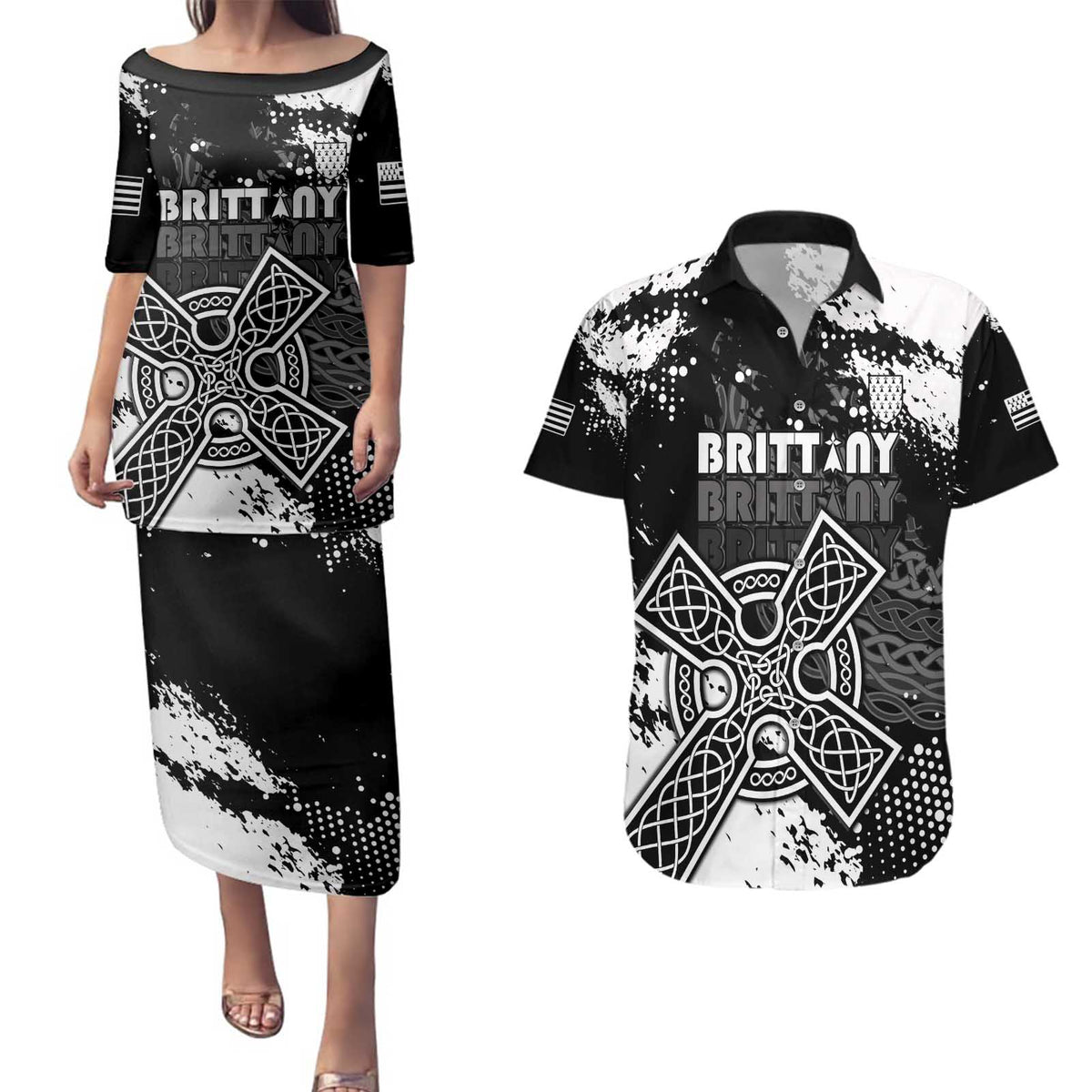 Personalized Brittany Celtic Cross Couples Matching Puletasi and Hawaiian Shirt With Celtic Knotwork - Wonder Print Shop