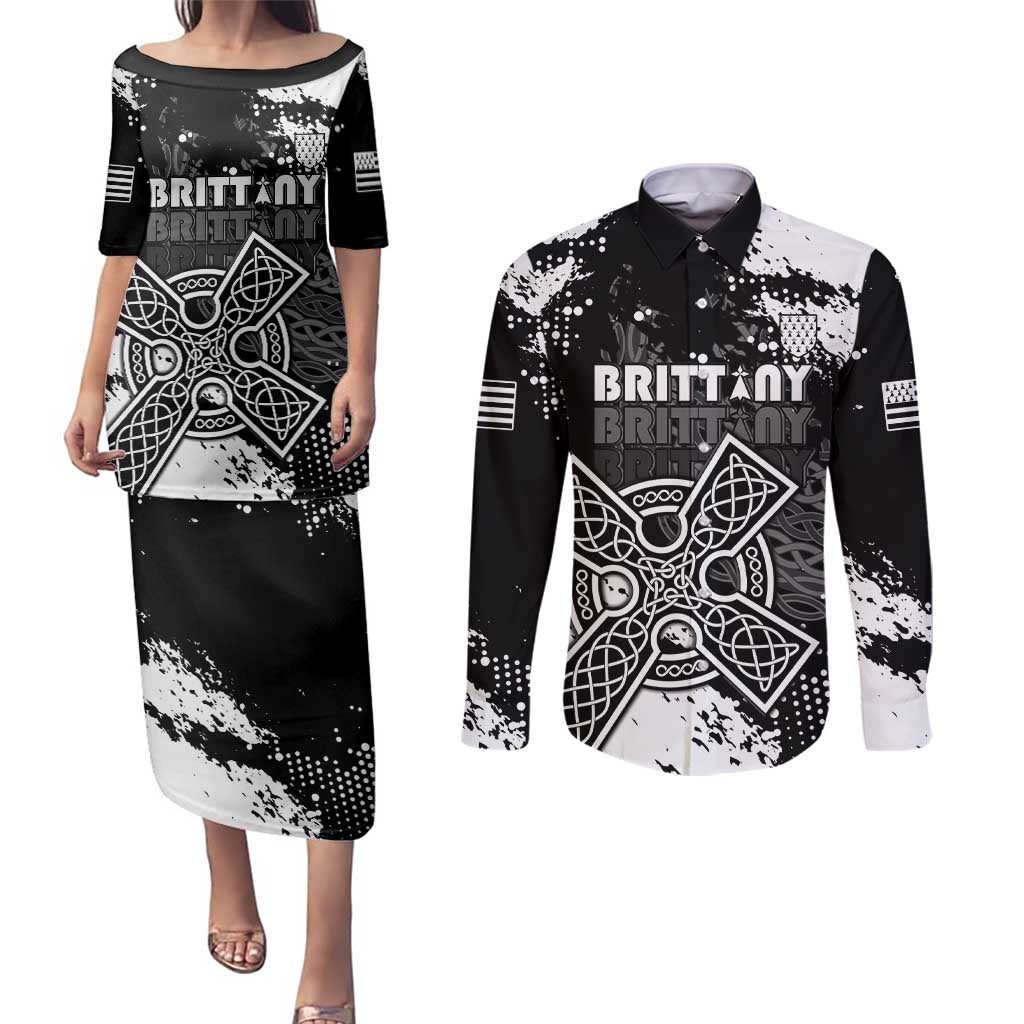Personalized Brittany Celtic Cross Couples Matching Puletasi and Long Sleeve Button Shirt With Celtic Knotwork - Wonder Print Shop