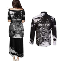 Personalized Brittany Celtic Cross Couples Matching Puletasi and Long Sleeve Button Shirt With Celtic Knotwork - Wonder Print Shop