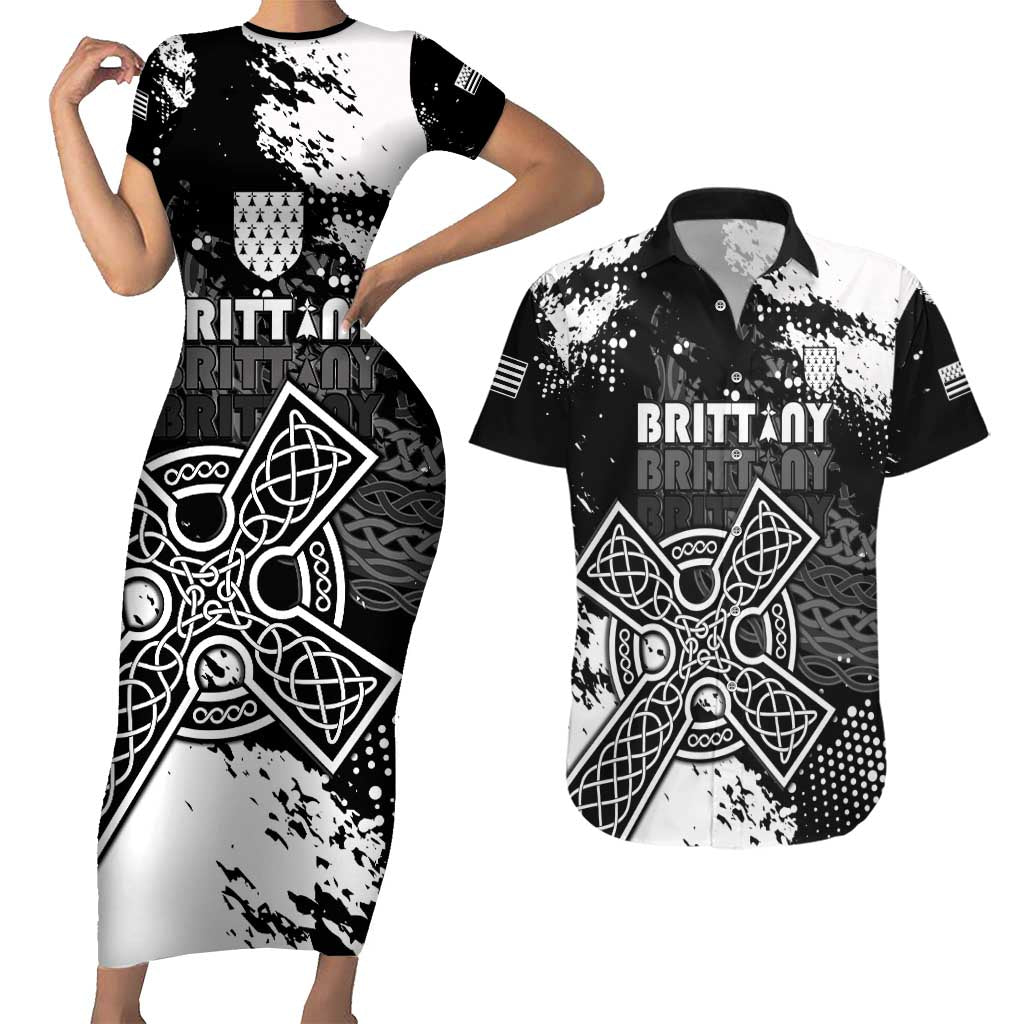 Personalized Brittany Celtic Cross Couples Matching Short Sleeve Bodycon Dress and Hawaiian Shirt With Celtic Knotwork - Wonder Print Shop