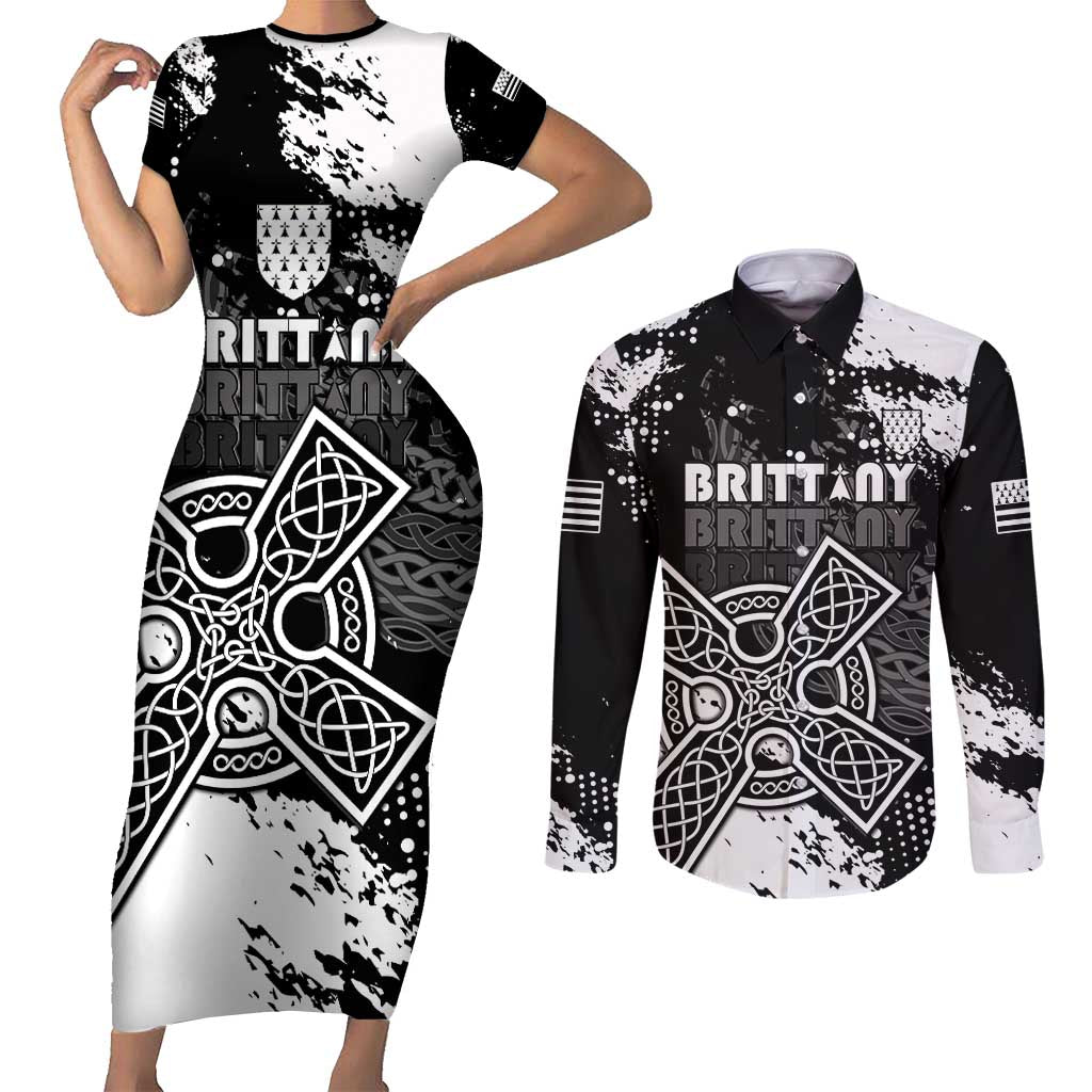 Personalized Brittany Celtic Cross Couples Matching Short Sleeve Bodycon Dress and Long Sleeve Button Shirt With Celtic Knotwork - Wonder Print Shop