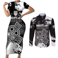 Personalized Brittany Celtic Cross Couples Matching Short Sleeve Bodycon Dress and Long Sleeve Button Shirt With Celtic Knotwork - Wonder Print Shop