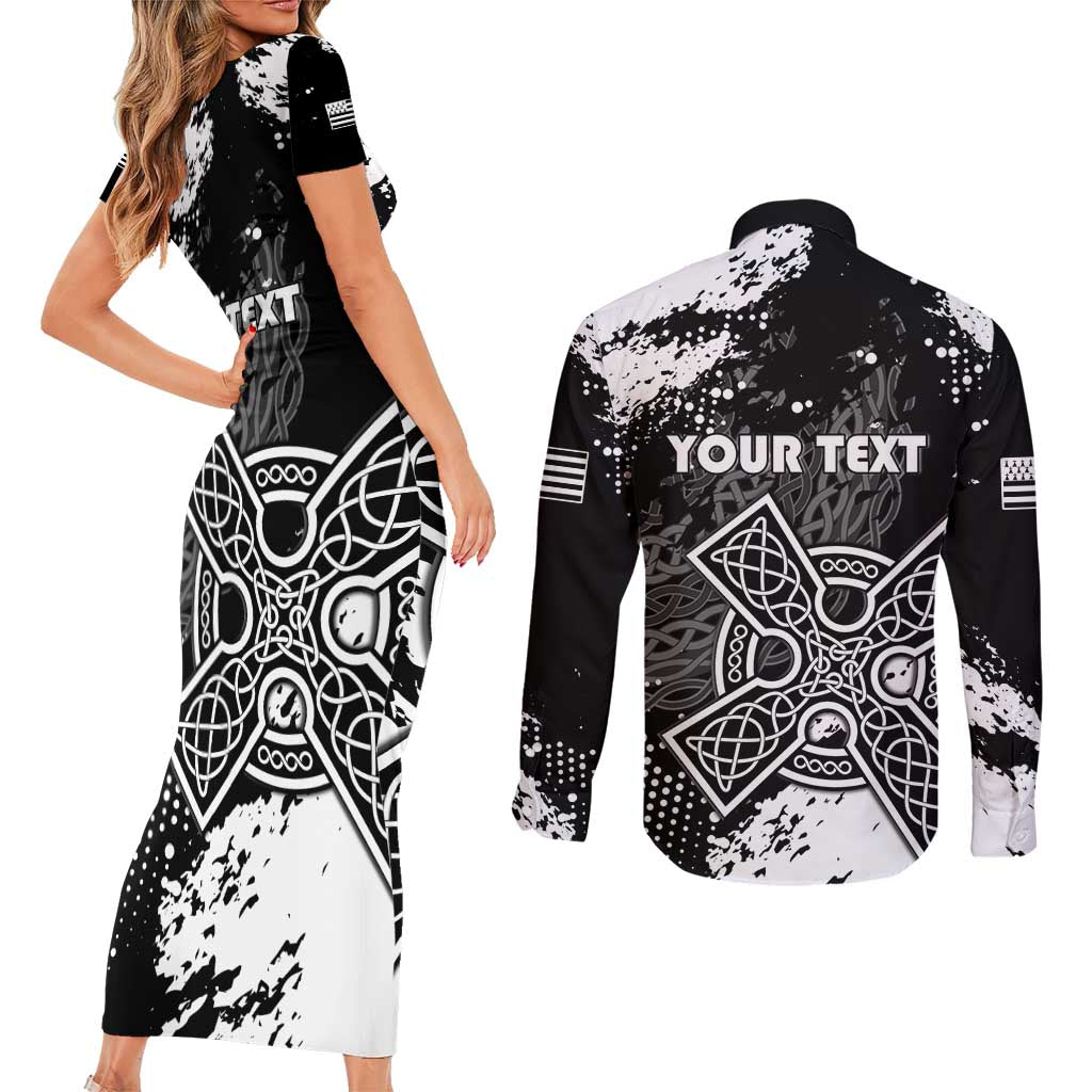 Personalized Brittany Celtic Cross Couples Matching Short Sleeve Bodycon Dress and Long Sleeve Button Shirt With Celtic Knotwork - Wonder Print Shop