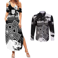 Personalized Brittany Celtic Cross Couples Matching Summer Maxi Dress and Long Sleeve Button Shirt With Celtic Knotwork - Wonder Print Shop