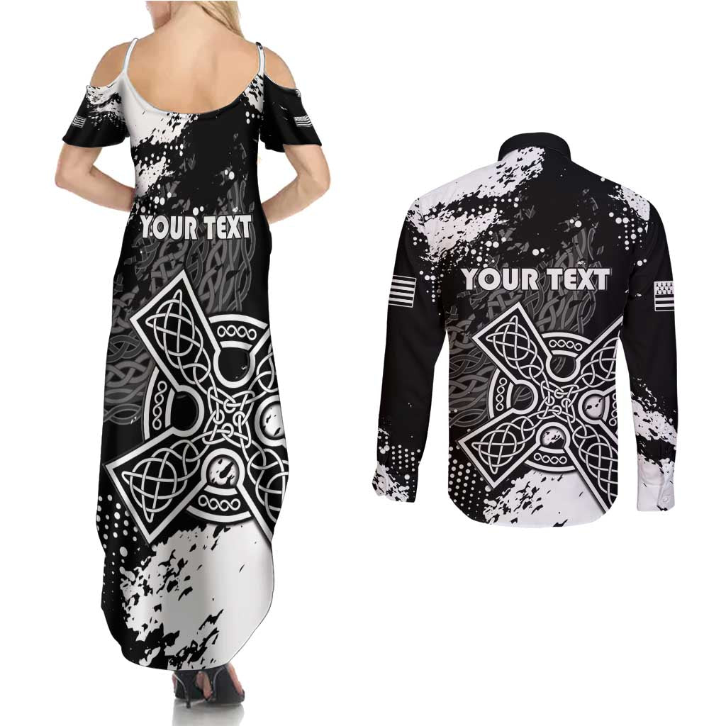 Personalized Brittany Celtic Cross Couples Matching Summer Maxi Dress and Long Sleeve Button Shirt With Celtic Knotwork - Wonder Print Shop