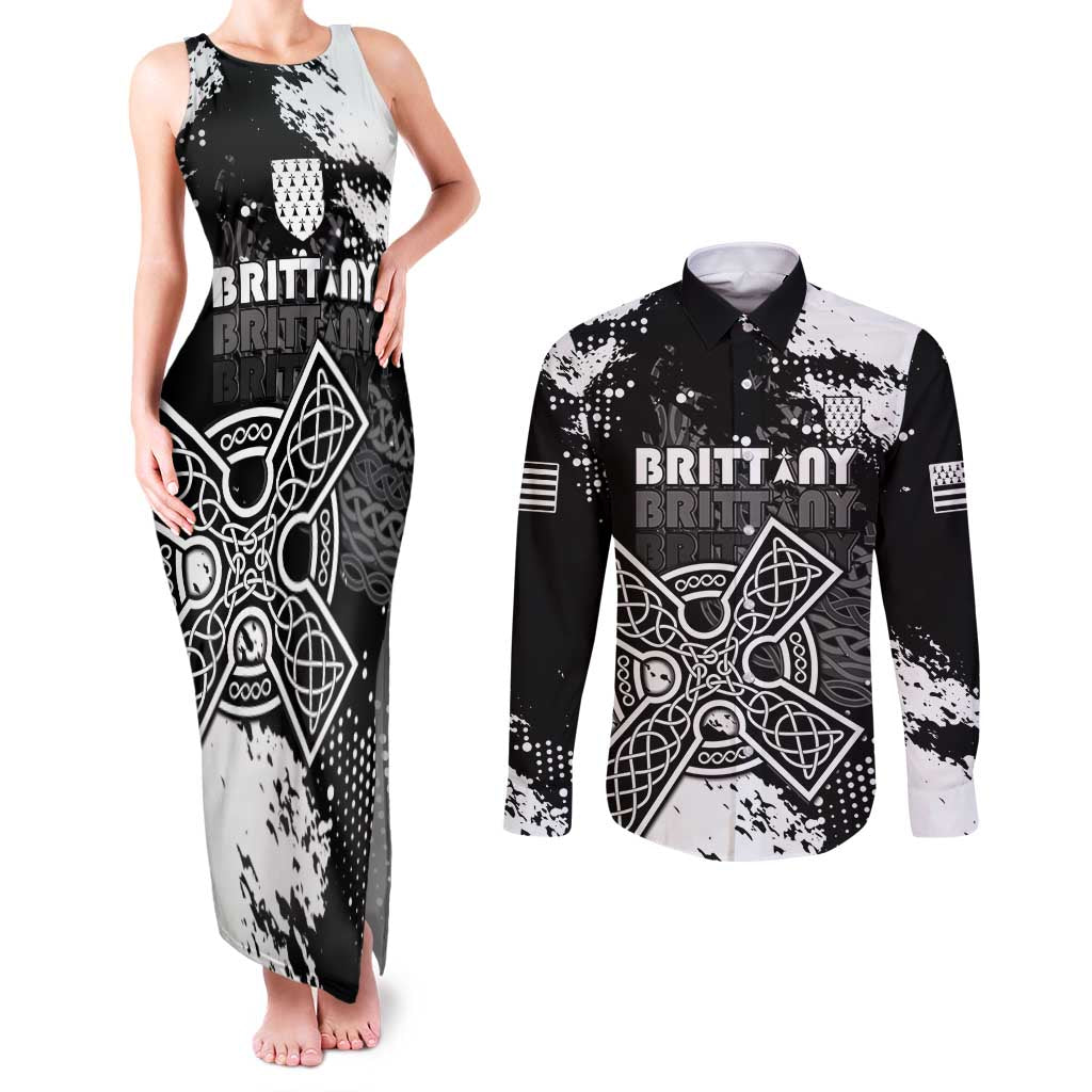 Personalized Brittany Celtic Cross Couples Matching Tank Maxi Dress and Long Sleeve Button Shirt With Celtic Knotwork - Wonder Print Shop