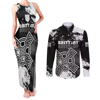 Personalized Brittany Celtic Cross Couples Matching Tank Maxi Dress and Long Sleeve Button Shirt With Celtic Knotwork - Wonder Print Shop