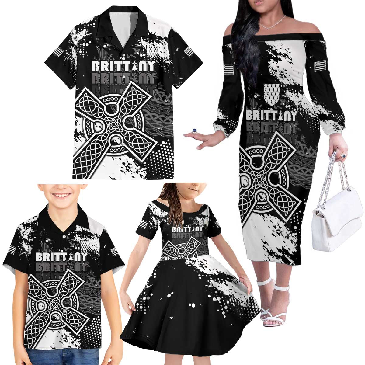 Personalized Brittany Celtic Cross Family Matching Off The Shoulder Long Sleeve Dress and Hawaiian Shirt With Celtic Knotwork - Wonder Print Shop