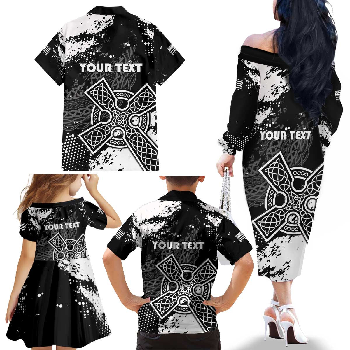 Personalized Brittany Celtic Cross Family Matching Off The Shoulder Long Sleeve Dress and Hawaiian Shirt With Celtic Knotwork - Wonder Print Shop