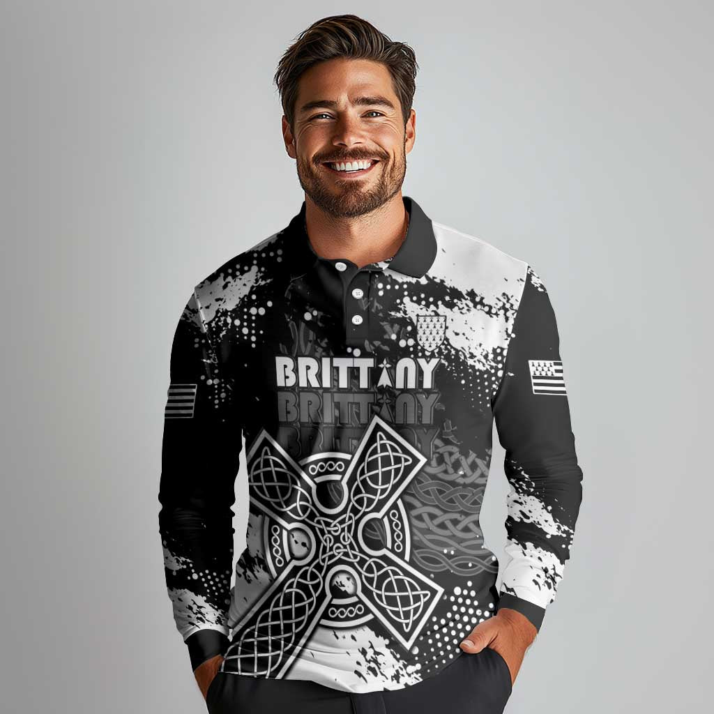 Personalized Brittany Celtic Cross Long Sleeve Polo Shirt With Celtic Knotwork - Wonder Print Shop