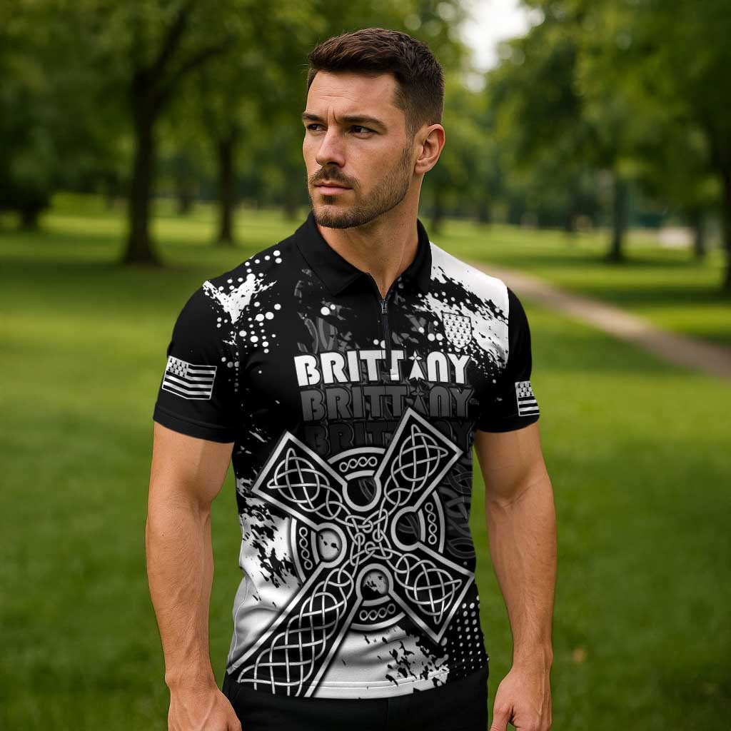 Personalized Brittany Celtic Cross Zipper Polo Shirt With Celtic Knotwork - Wonder Print Shop