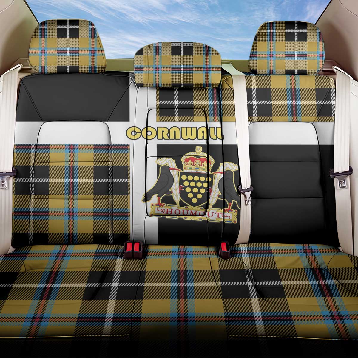 Cornwall Back Car Seat Cover Coat Of Arms - Cornish Tartan - Wonder Print Shop