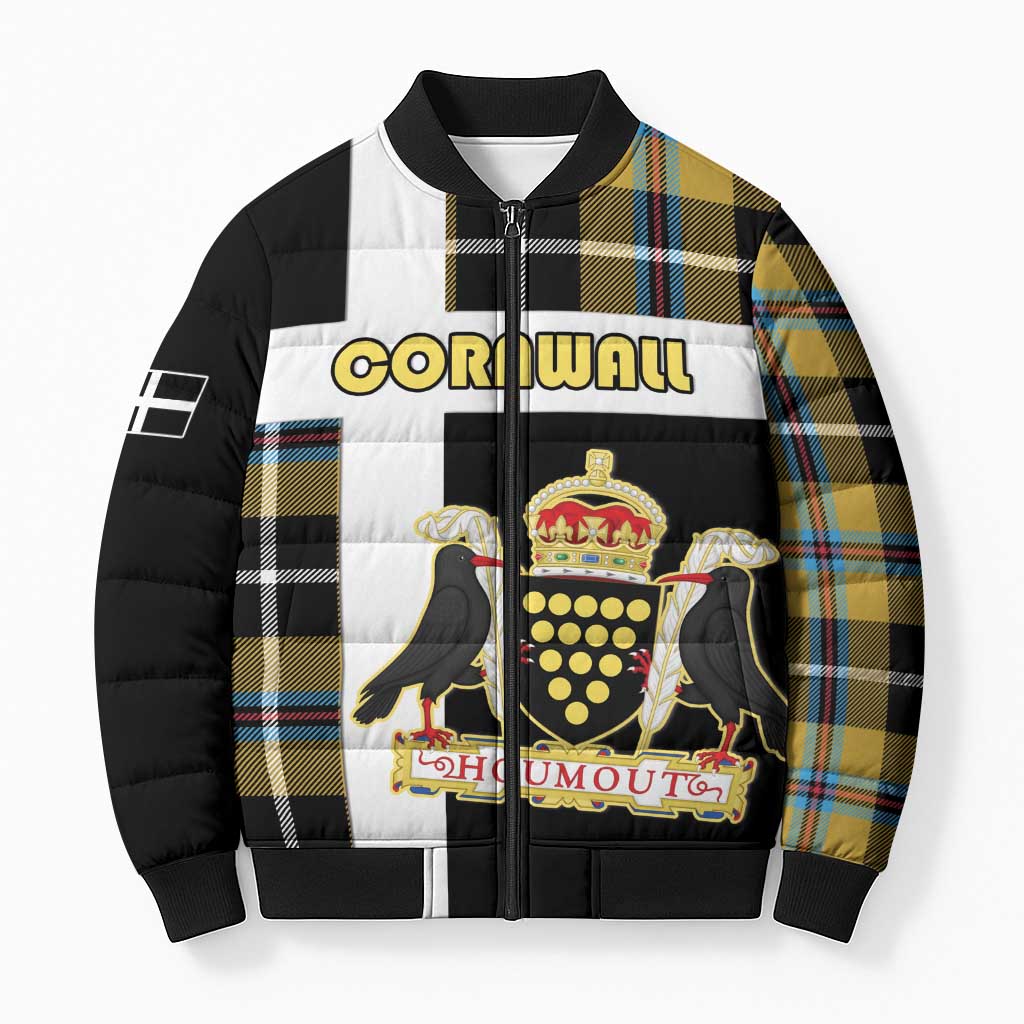 Personalized Cornwall Bomber Puffer Jacket Coat Of Arms - Cornish Tartan - Wonder Print Shop