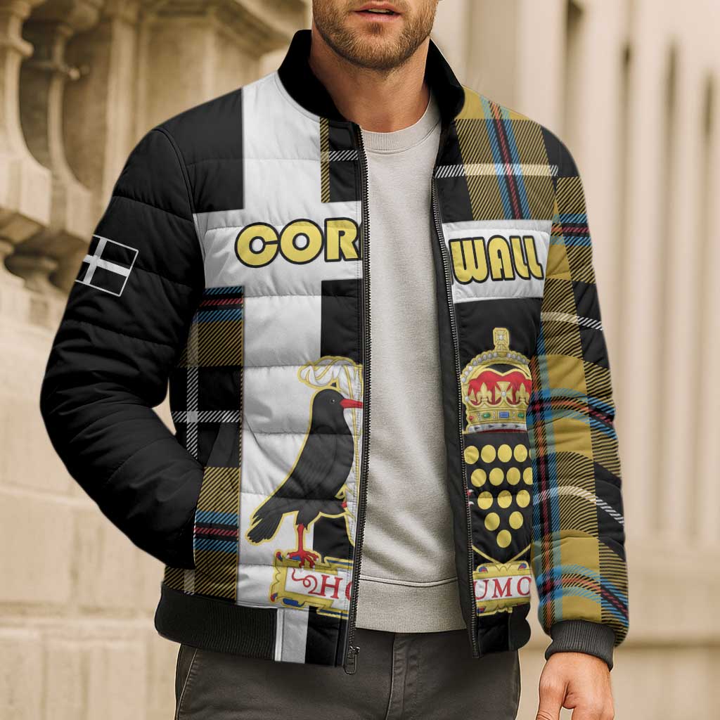 Personalized Cornwall Bomber Puffer Jacket Coat Of Arms - Cornish Tartan - Wonder Print Shop