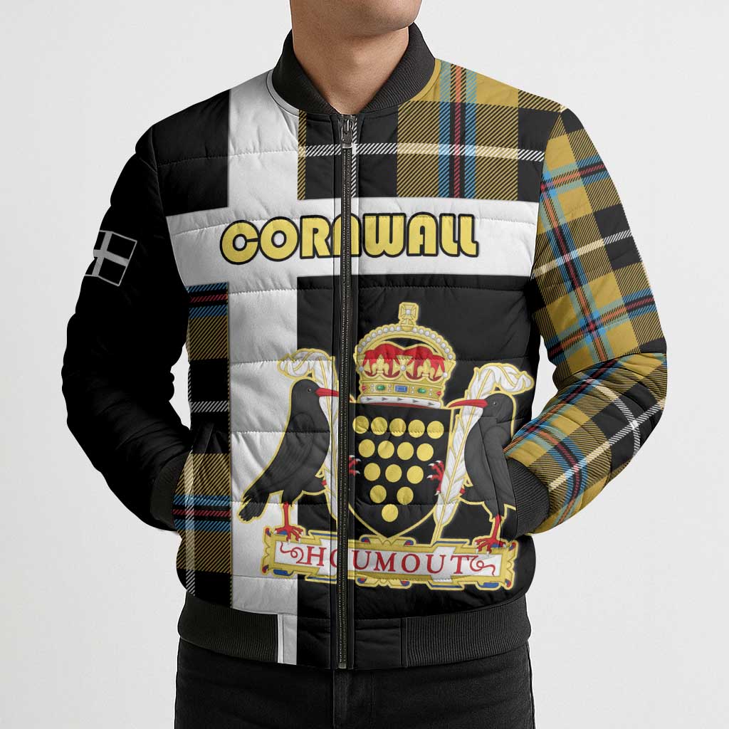 Personalized Cornwall Bomber Puffer Jacket Coat Of Arms - Cornish Tartan - Wonder Print Shop