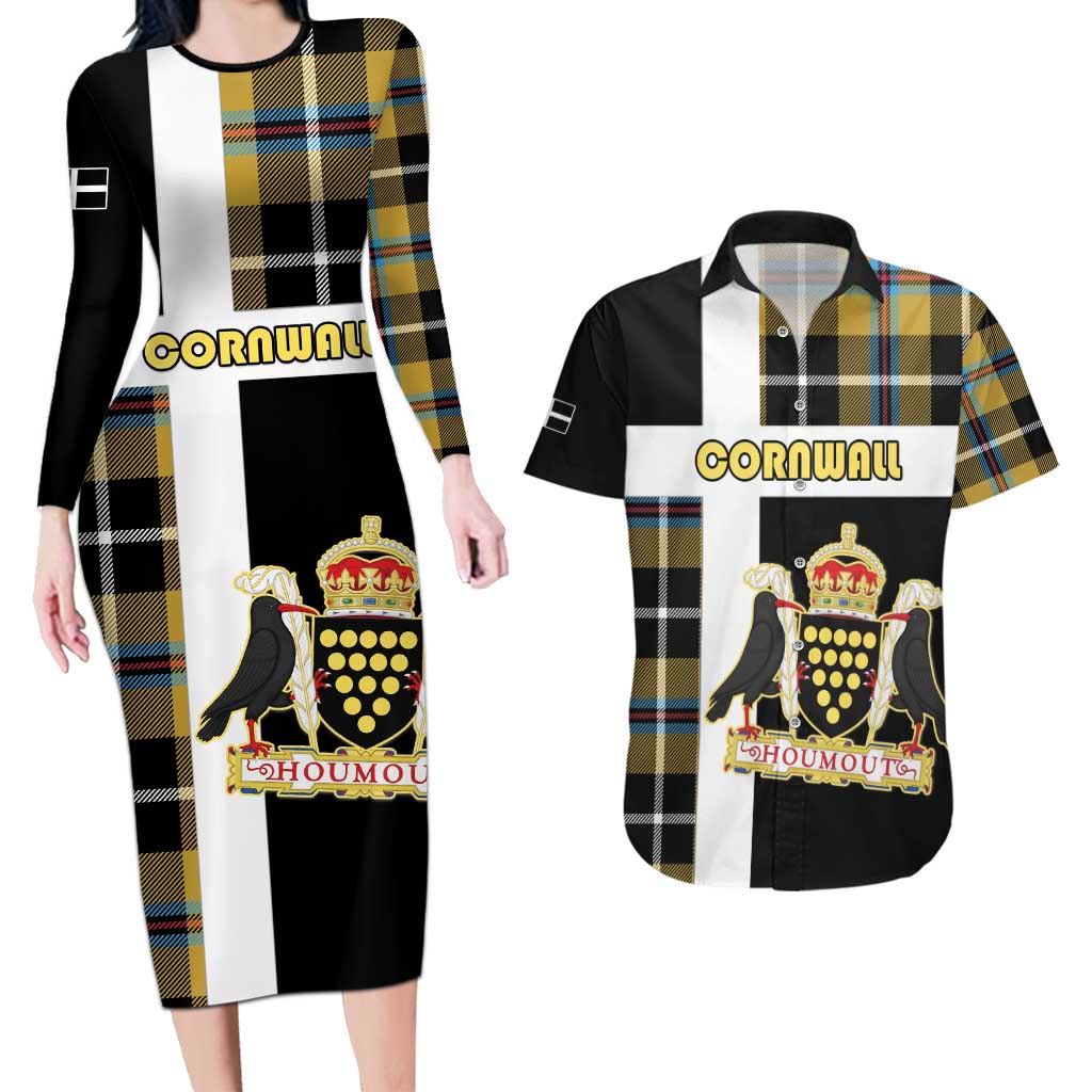 Personalized Cornwall Couples Matching Long Sleeve Bodycon Dress and Hawaiian Shirt Coat Of Arms - Cornish Tartan - Wonder Print Shop