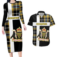 Personalized Cornwall Couples Matching Long Sleeve Bodycon Dress and Hawaiian Shirt Coat Of Arms - Cornish Tartan - Wonder Print Shop