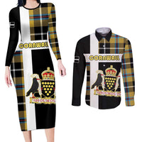 Personalized Cornwall Couples Matching Long Sleeve Bodycon Dress and Long Sleeve Button Shirt Coat Of Arms - Cornish Tartan - Wonder Print Shop