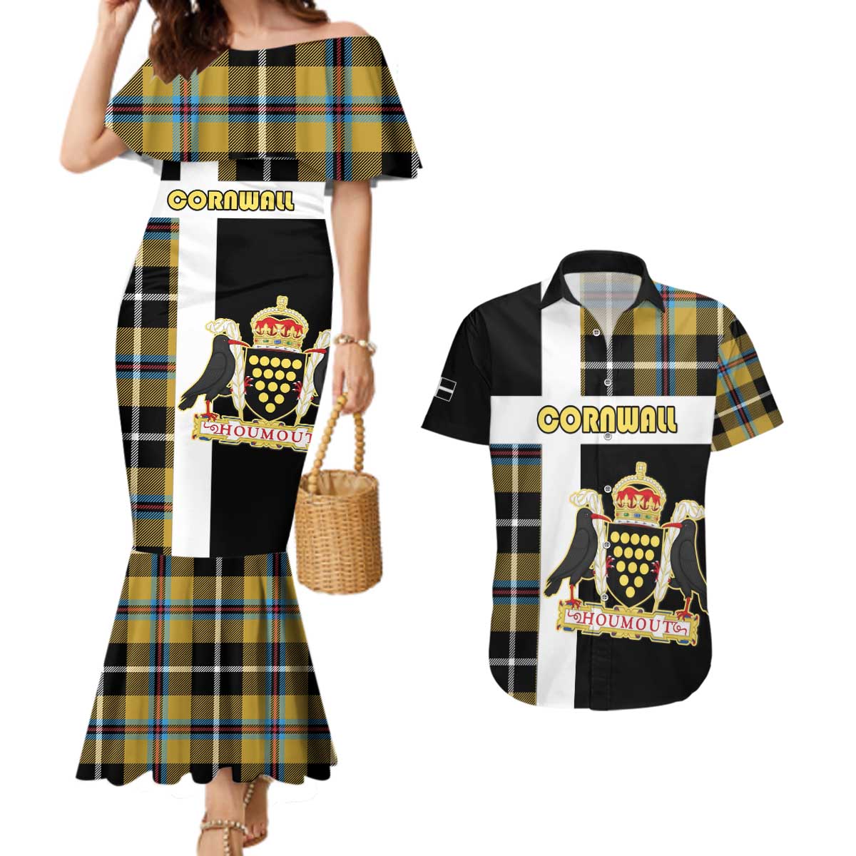 Personalized Cornwall Couples Matching Mermaid Dress and Hawaiian Shirt Coat Of Arms - Cornish Tartan - Wonder Print Shop