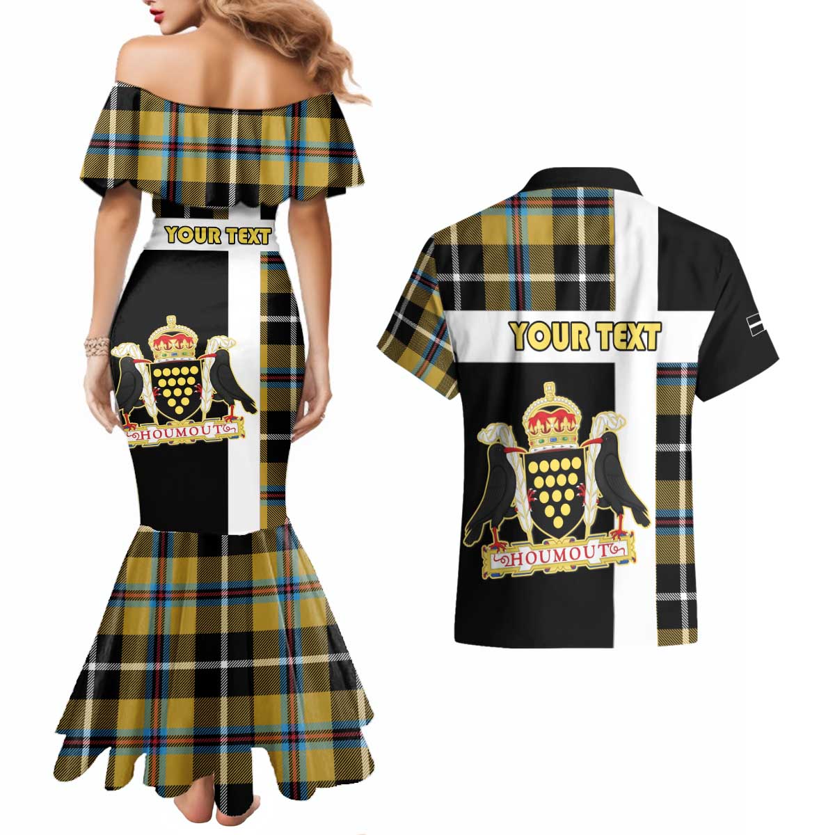 Personalized Cornwall Couples Matching Mermaid Dress and Hawaiian Shirt Coat Of Arms - Cornish Tartan - Wonder Print Shop