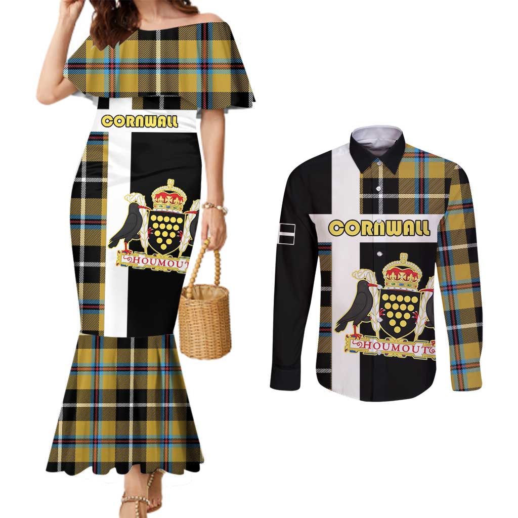 Personalized Cornwall Couples Matching Mermaid Dress and Long Sleeve Button Shirt Coat Of Arms - Cornish Tartan - Wonder Print Shop
