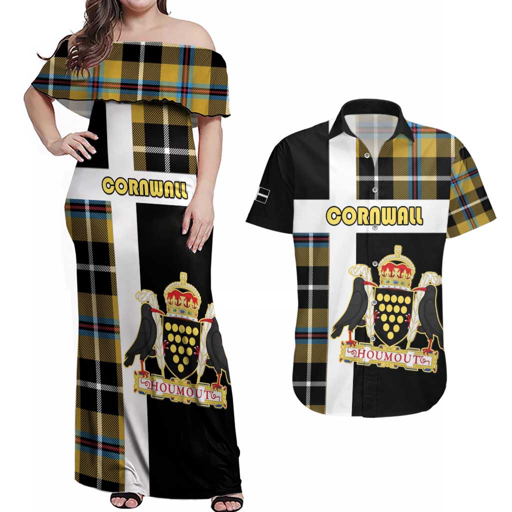 Personalized Cornwall Couples Matching Off Shoulder Maxi Dress and Hawaiian Shirt Coat Of Arms - Cornish Tartan - Wonder Print Shop