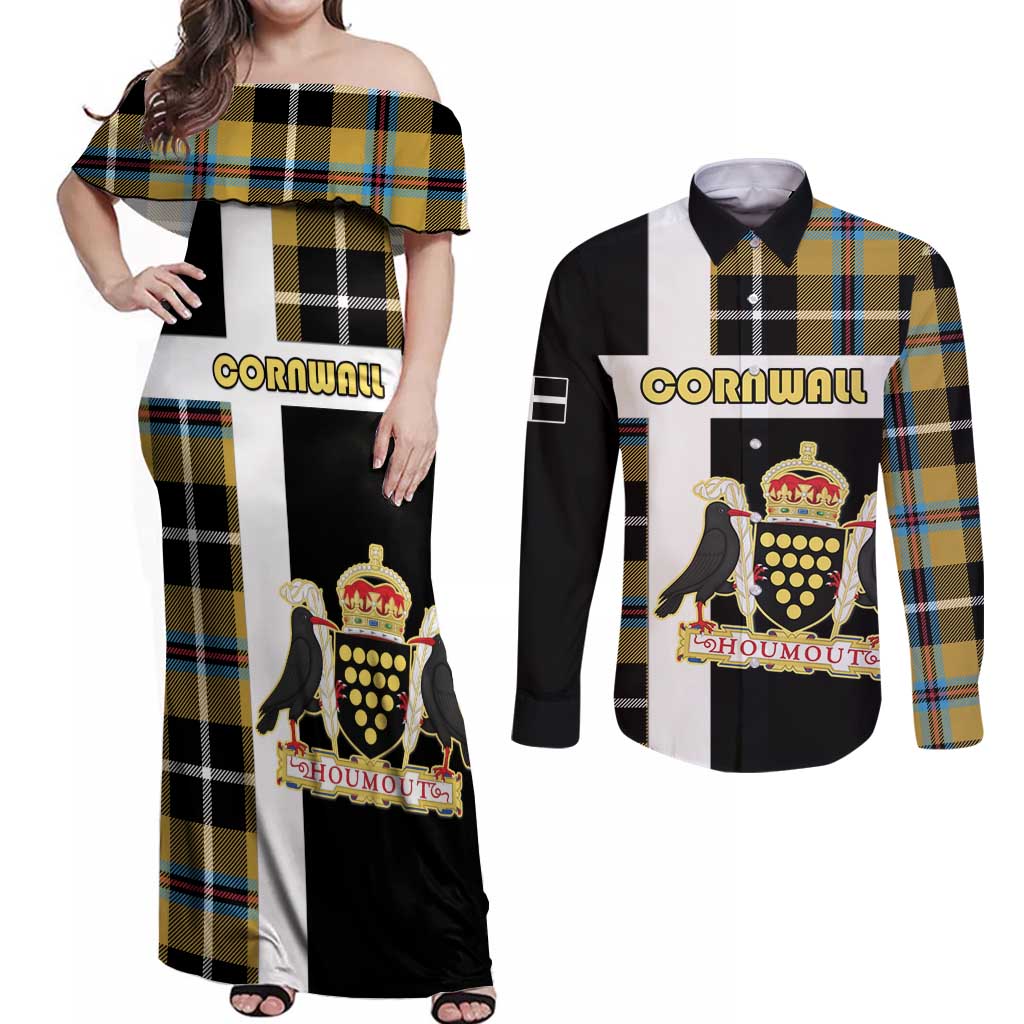 Personalized Cornwall Couples Matching Off Shoulder Maxi Dress and Long Sleeve Button Shirt Coat Of Arms - Cornish Tartan - Wonder Print Shop
