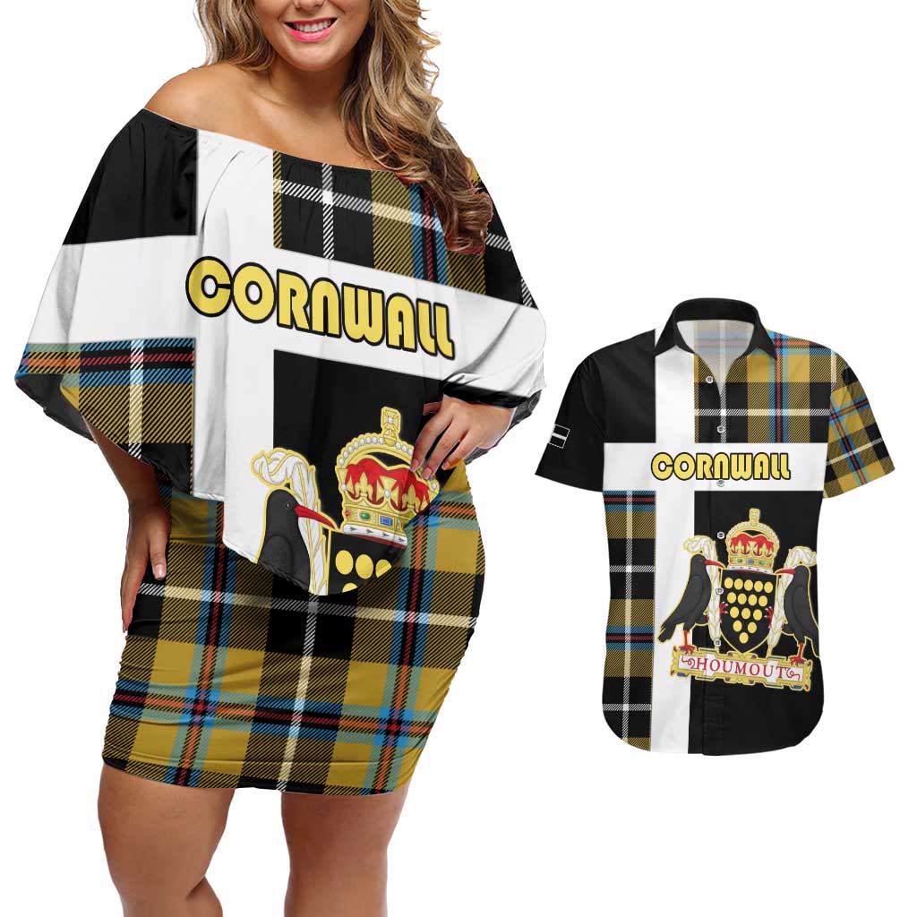 Personalized Cornwall Couples Matching Off Shoulder Short Dress and Hawaiian Shirt Coat Of Arms - Cornish Tartan - Wonder Print Shop