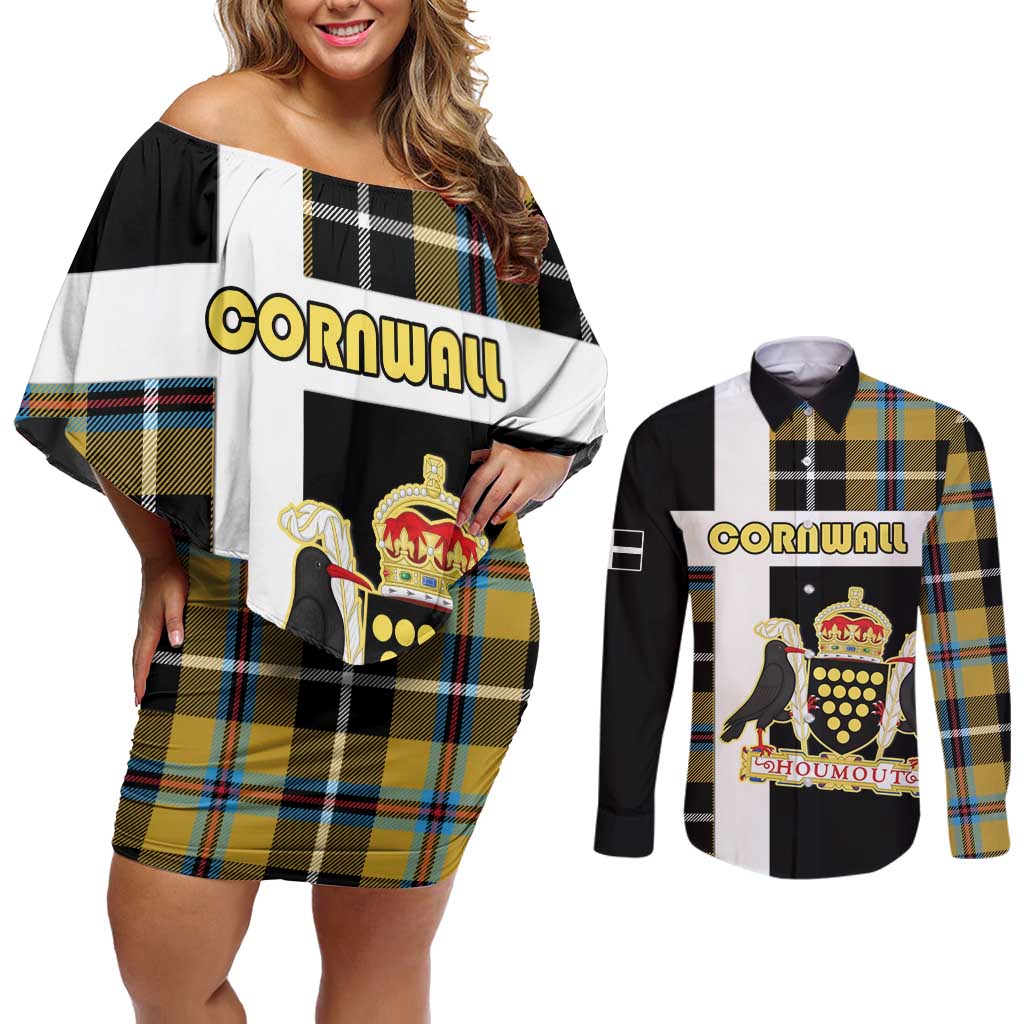 Personalized Cornwall Couples Matching Off Shoulder Short Dress and Long Sleeve Button Shirt Coat Of Arms - Cornish Tartan - Wonder Print Shop