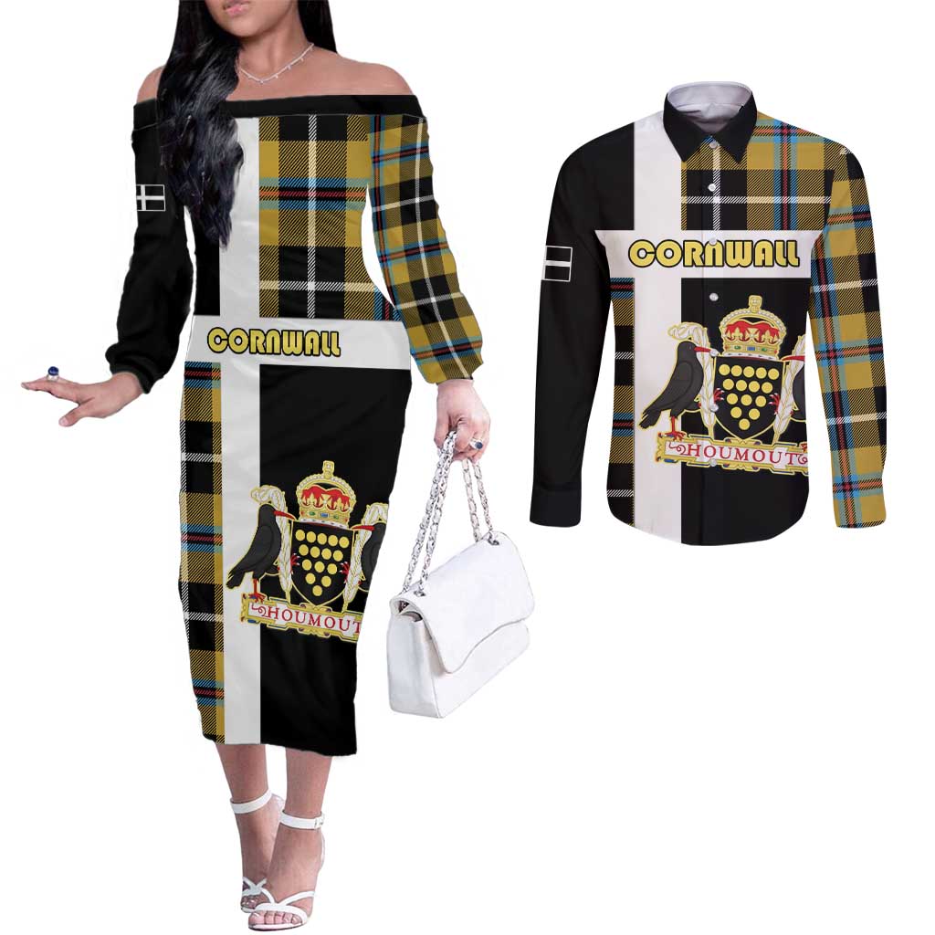 Personalized Cornwall Couples Matching Off The Shoulder Long Sleeve Dress and Long Sleeve Button Shirt Coat Of Arms - Cornish Tartan - Wonder Print Shop