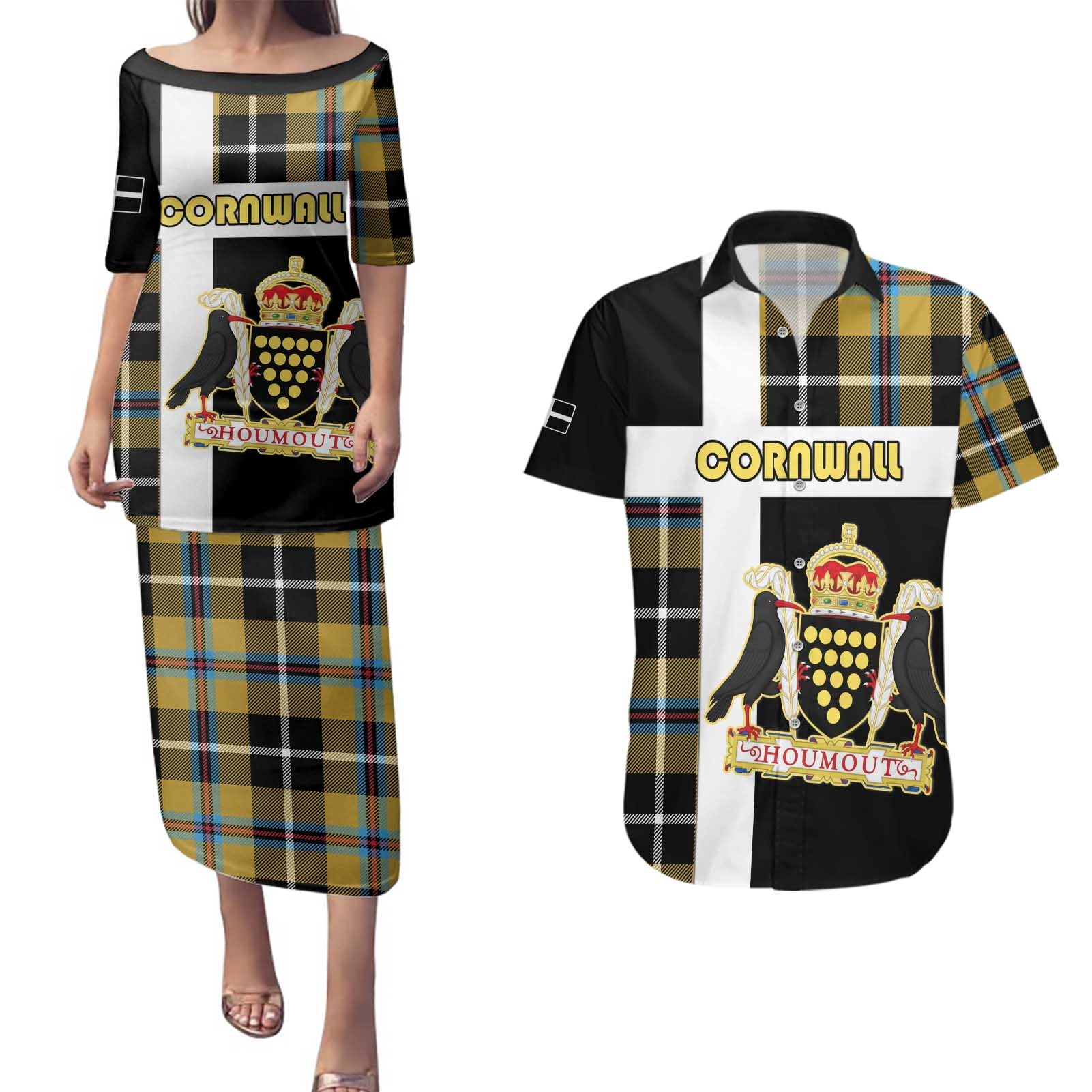 Personalized Cornwall Couples Matching Puletasi and Hawaiian Shirt Coat Of Arms - Cornish Tartan - Wonder Print Shop