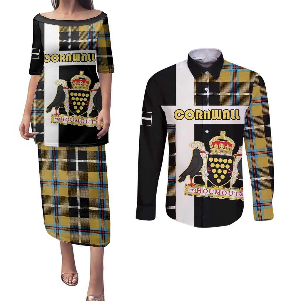 Personalized Cornwall Couples Matching Puletasi and Long Sleeve Button Shirt Coat Of Arms - Cornish Tartan - Wonder Print Shop