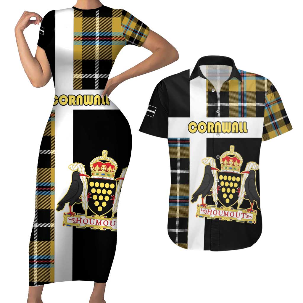 Personalized Cornwall Couples Matching Short Sleeve Bodycon Dress and Hawaiian Shirt Coat Of Arms - Cornish Tartan - Wonder Print Shop
