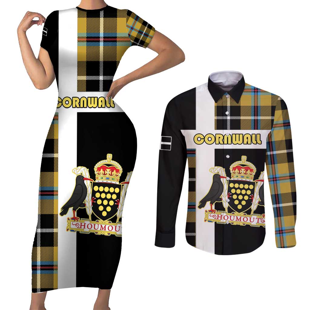 Personalized Cornwall Couples Matching Short Sleeve Bodycon Dress and Long Sleeve Button Shirt Coat Of Arms - Cornish Tartan - Wonder Print Shop