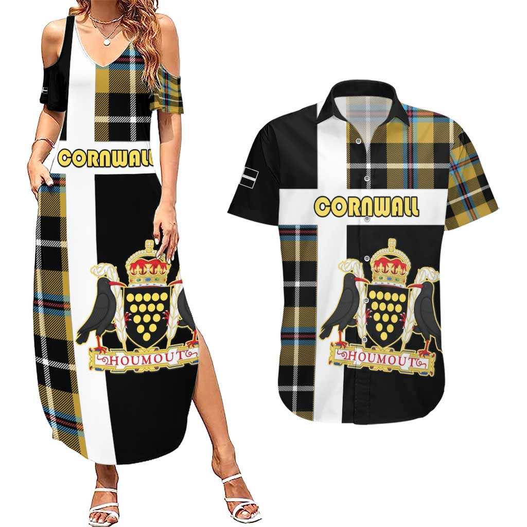 Personalized Cornwall Couples Matching Summer Maxi Dress and Hawaiian Shirt Coat Of Arms - Cornish Tartan - Wonder Print Shop