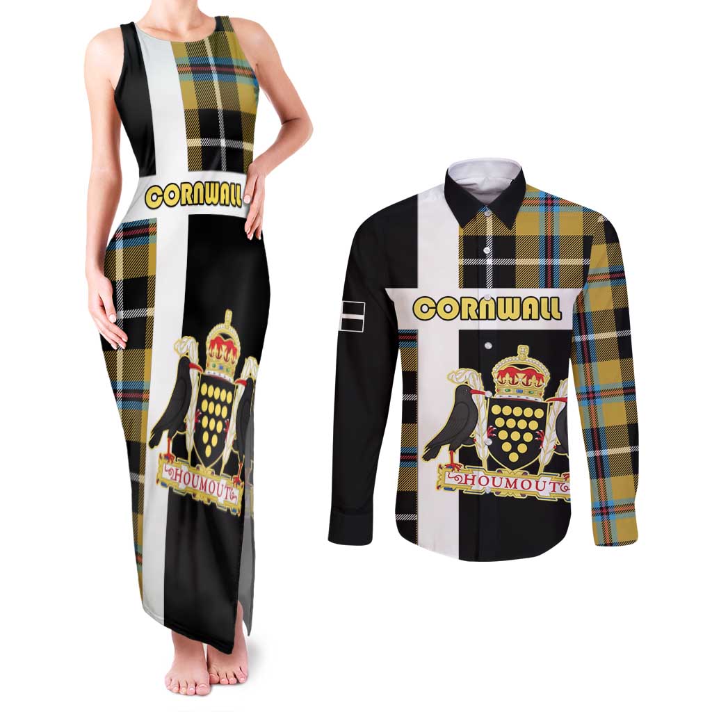 Personalized Cornwall Couples Matching Tank Maxi Dress and Long Sleeve Button Shirt Coat Of Arms - Cornish Tartan - Wonder Print Shop