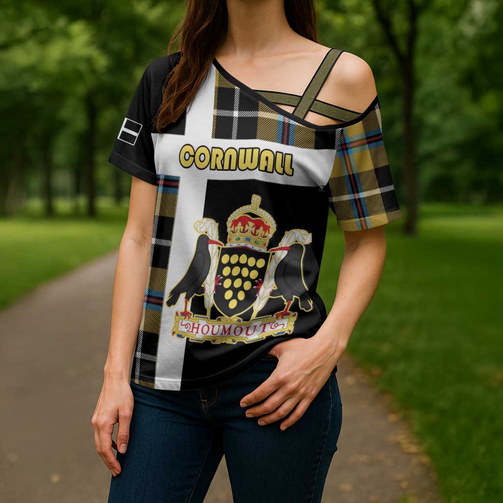 Personalized Cornwall Cross Shoulder Shirt Coat Of Arms - Cornish Tartan - Wonder Print Shop