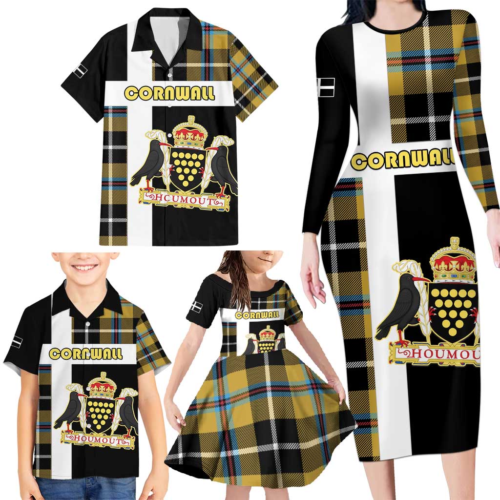 Personalized Cornwall Family Matching Long Sleeve Bodycon Dress and Hawaiian Shirt Coat Of Arms - Cornish Tartan - Wonder Print Shop
