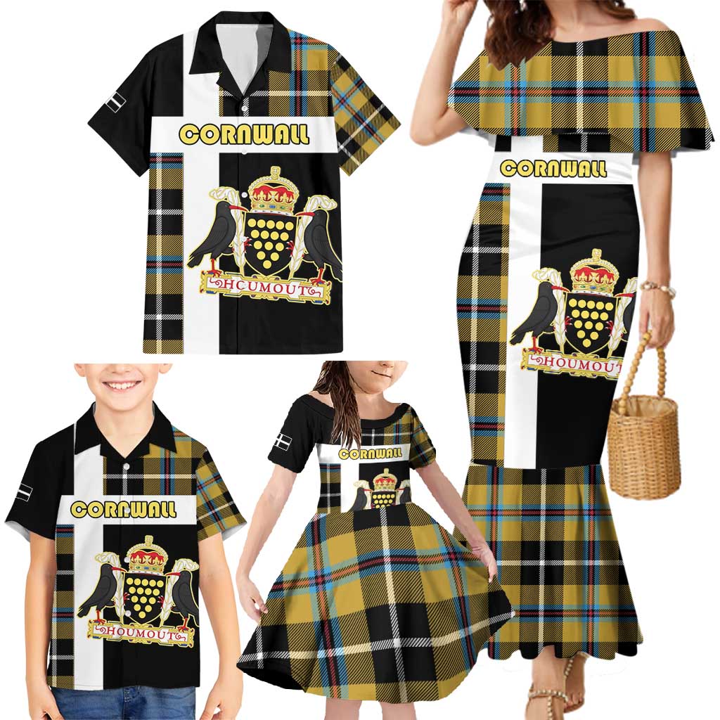 Personalized Cornwall Family Matching Mermaid Dress and Hawaiian Shirt Coat Of Arms - Cornish Tartan - Wonder Print Shop