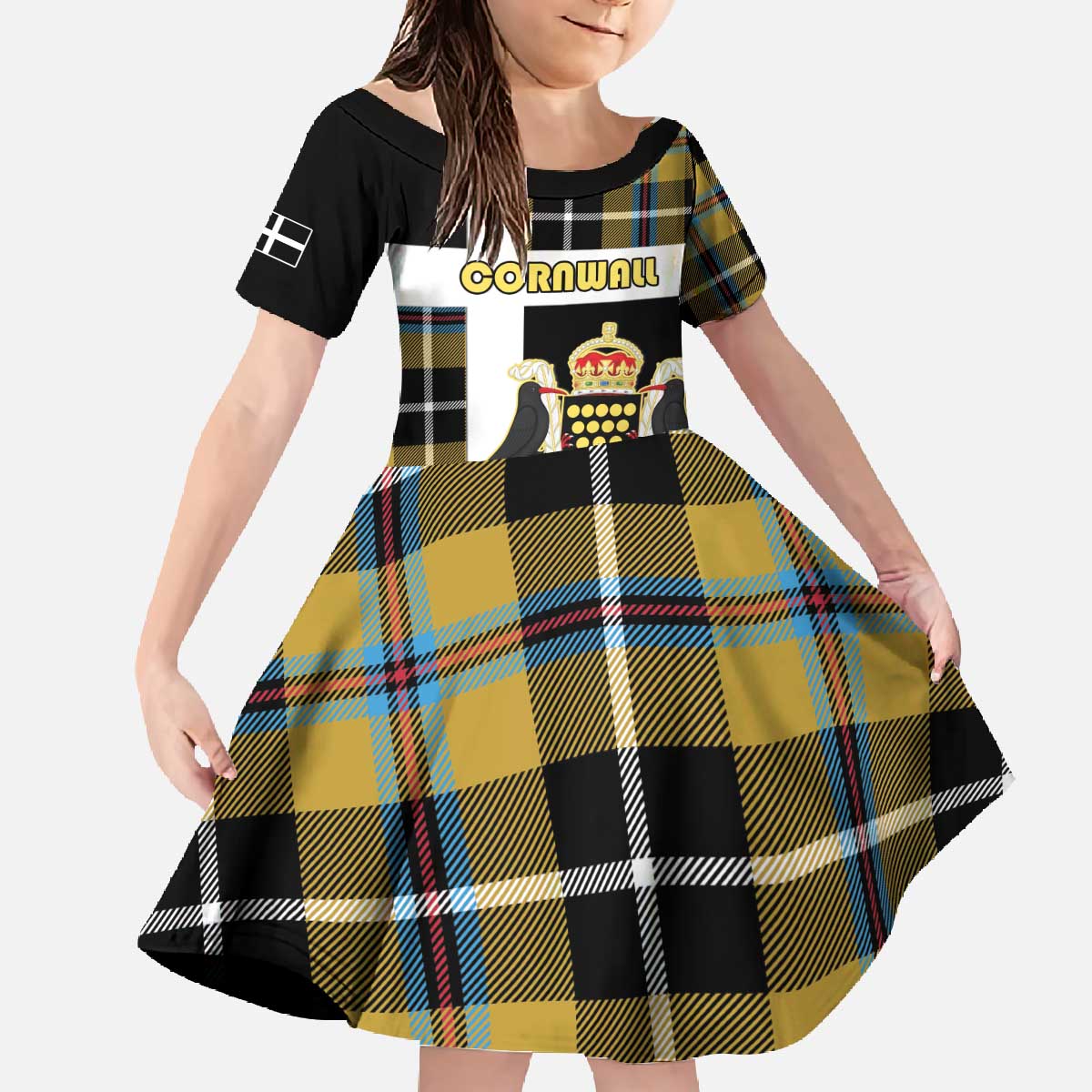 Personalized Cornwall Family Matching Off The Shoulder Long Sleeve Dress and Hawaiian Shirt Coat Of Arms - Cornish Tartan - Wonder Print Shop