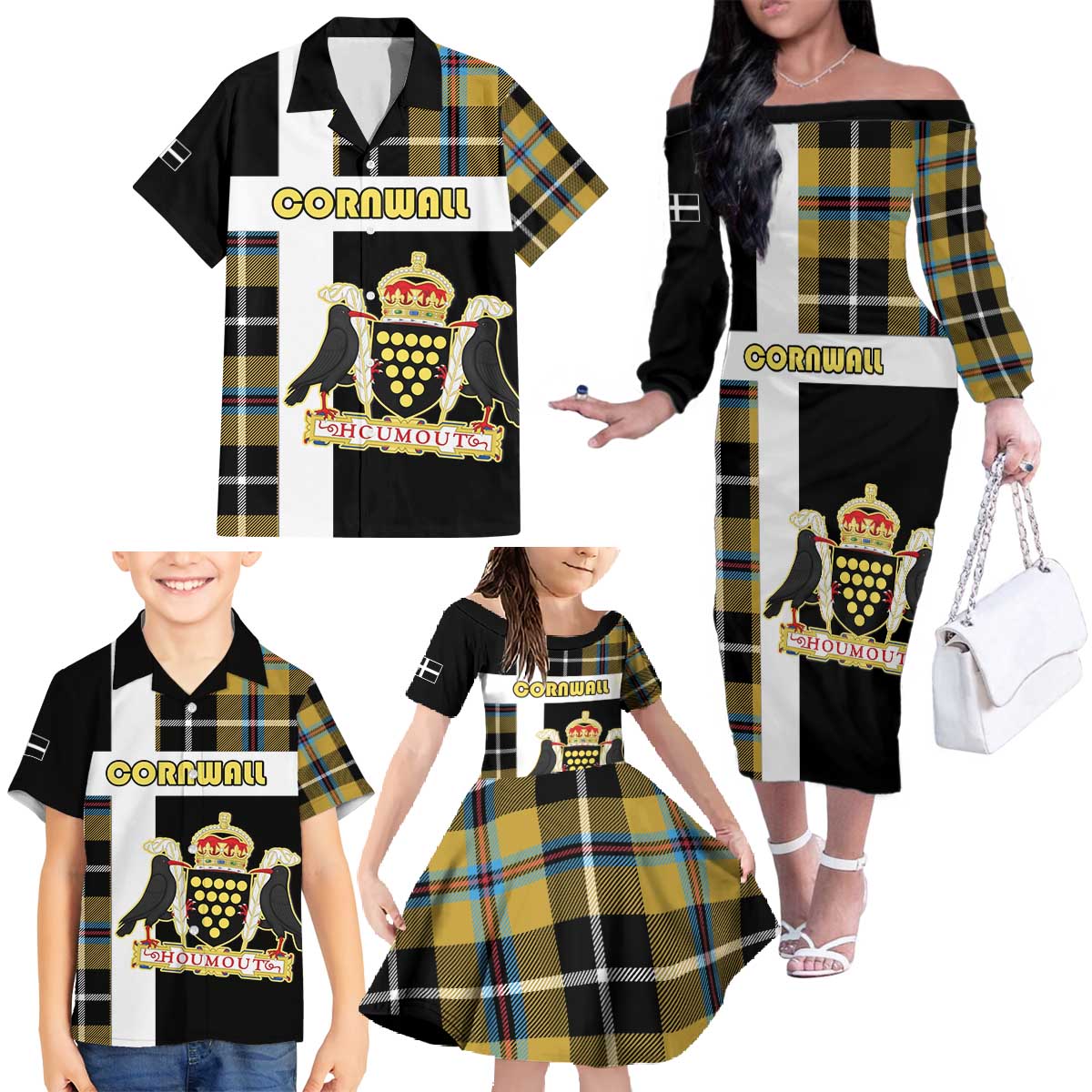 Personalized Cornwall Family Matching Off The Shoulder Long Sleeve Dress and Hawaiian Shirt Coat Of Arms - Cornish Tartan - Wonder Print Shop