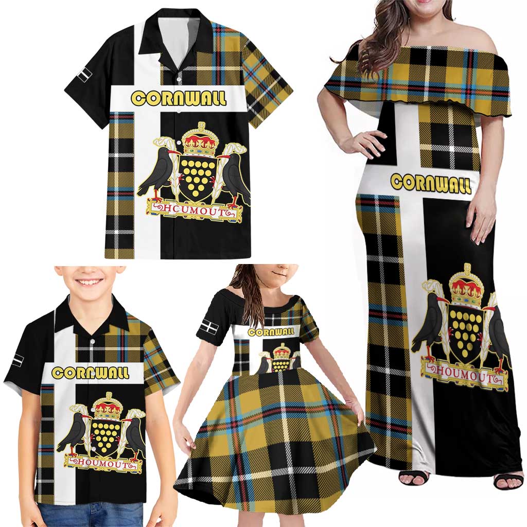 Personalized Cornwall Family Matching Off Shoulder Maxi Dress and Hawaiian Shirt Coat Of Arms - Cornish Tartan - Wonder Print Shop