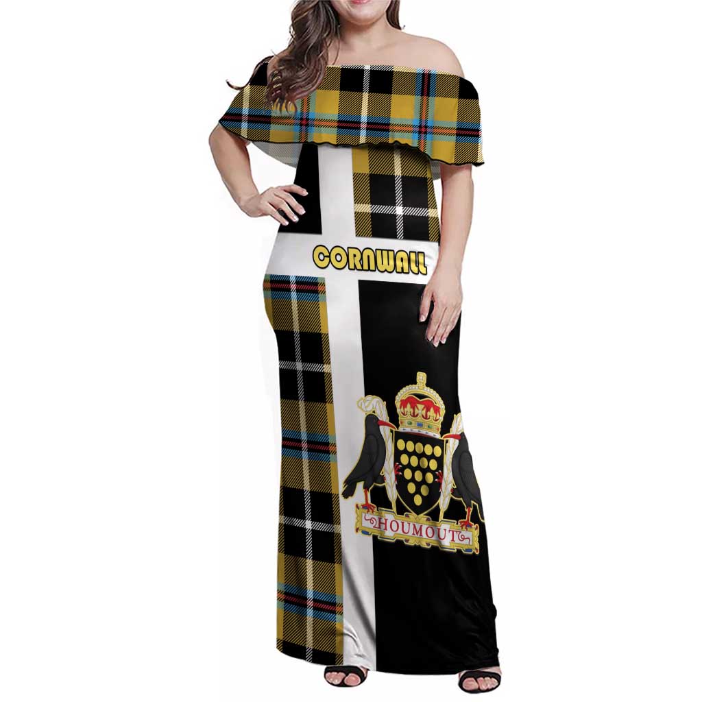 Personalized Cornwall Family Matching Off Shoulder Maxi Dress and Hawaiian Shirt Coat Of Arms - Cornish Tartan - Wonder Print Shop