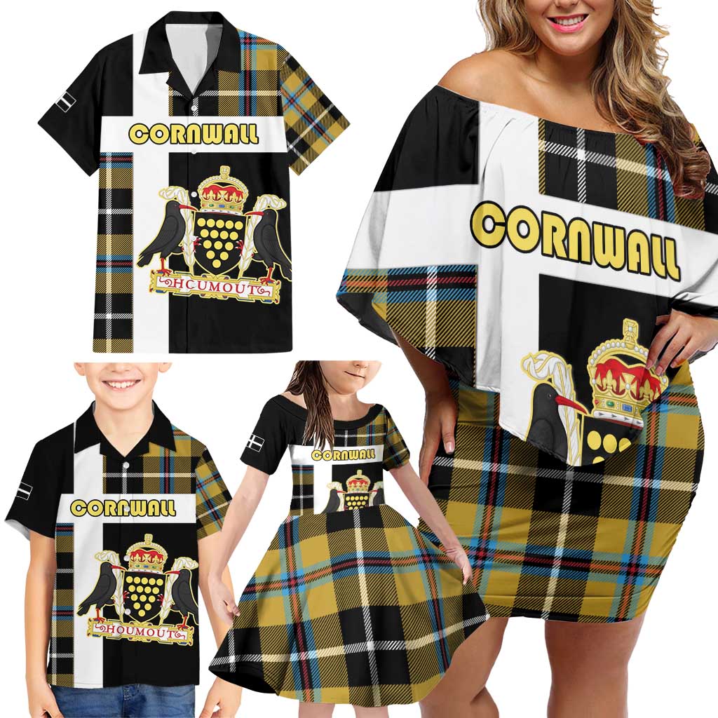 Personalized Cornwall Family Matching Off Shoulder Short Dress and Hawaiian Shirt Coat Of Arms - Cornish Tartan - Wonder Print Shop
