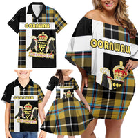 Personalized Cornwall Family Matching Off Shoulder Short Dress and Hawaiian Shirt Coat Of Arms - Cornish Tartan - Wonder Print Shop