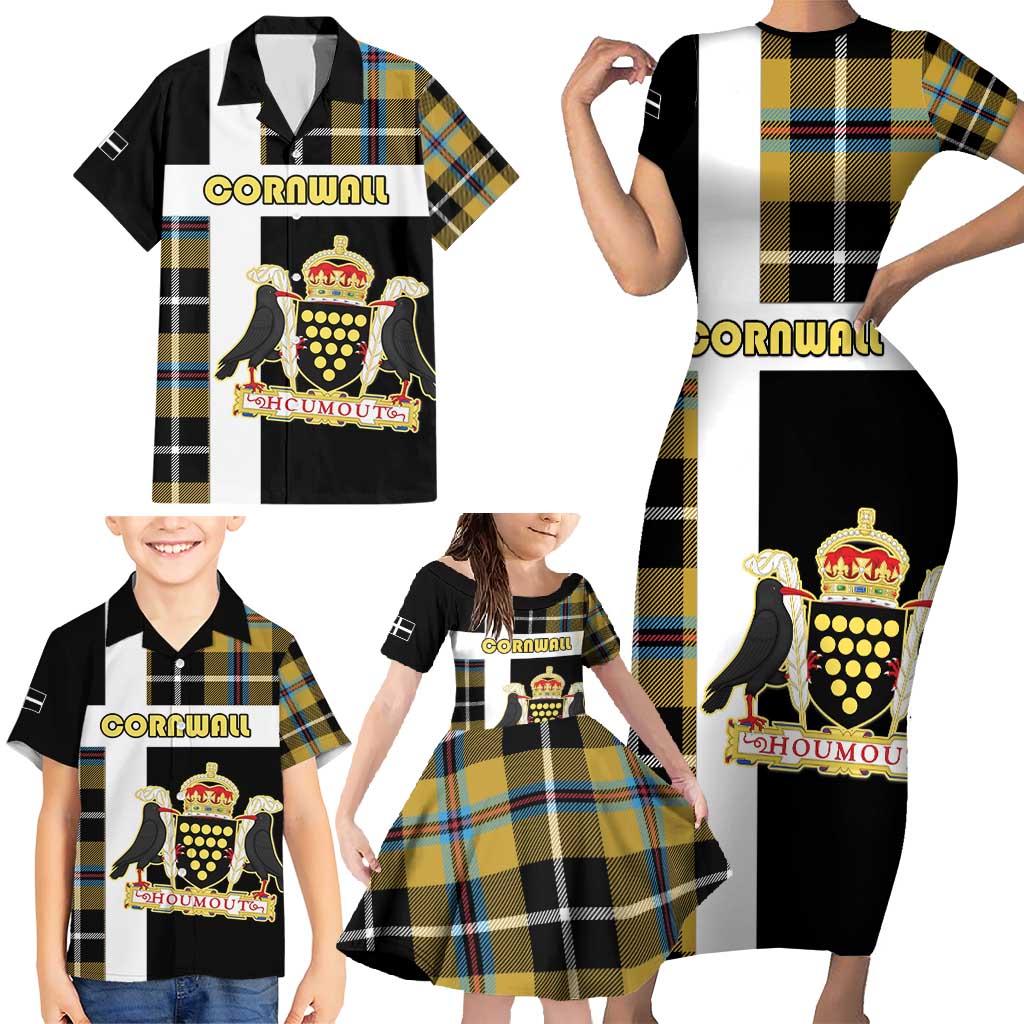 Personalized Cornwall Family Matching Short Sleeve Bodycon Dress and Hawaiian Shirt Coat Of Arms - Cornish Tartan - Wonder Print Shop